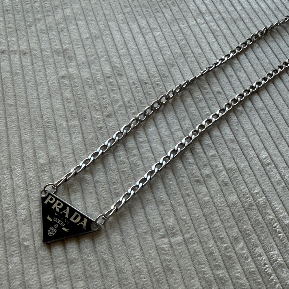 Prada Silver Triangular Logo Pendant Necklace